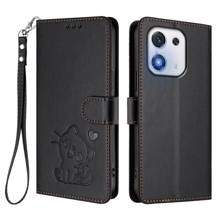 For Honor X70i Embossed Heart Cat Leather Phone Case with Hand Strap