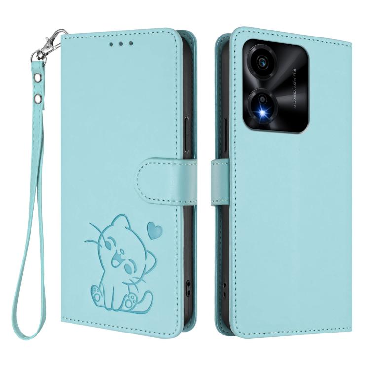 For Honor X5c Plus Embossed Heart Cat Leather Phone Case with Hand Strap