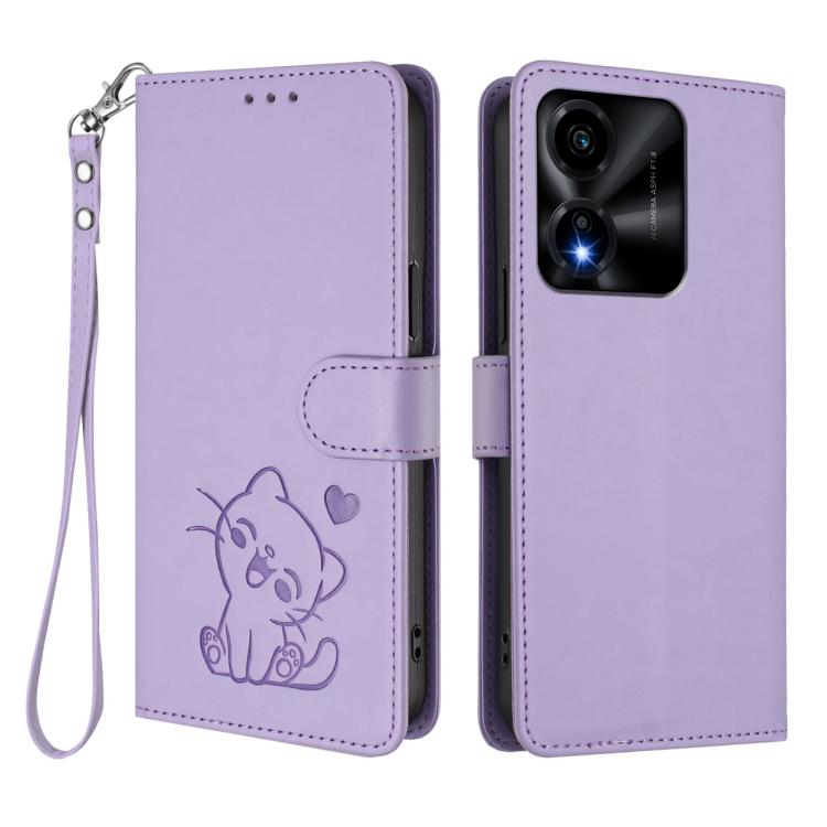 For Honor X5c Plus Embossed Heart Cat Leather Phone Case with Hand Strap