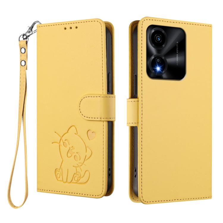 For Honor X5c Plus Embossed Heart Cat Leather Phone Case with Hand Strap