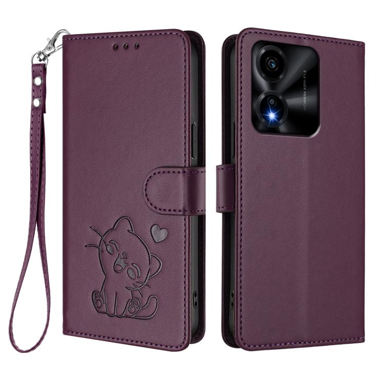 For Honor X5c Plus Embossed Heart Cat Leather Phone Case with Hand Strap