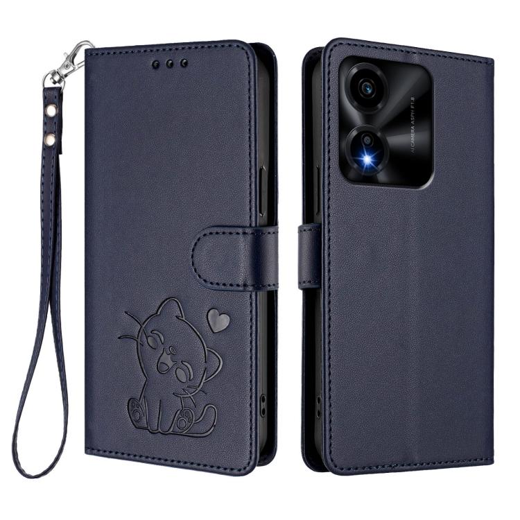 For Honor X5c Plus Embossed Heart Cat Leather Phone Case with Hand Strap
