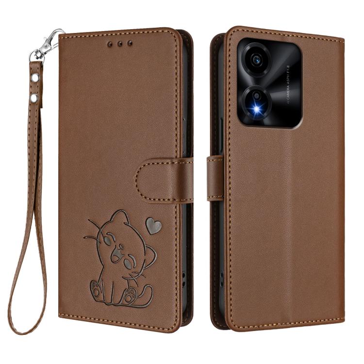 For Honor X5c Plus Embossed Heart Cat Leather Phone Case with Hand Strap