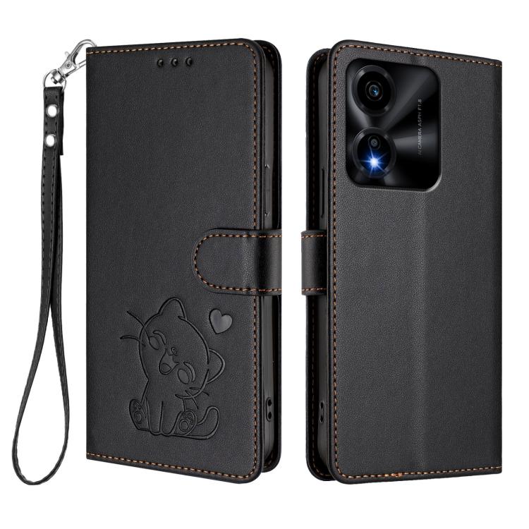 For Honor X5c Plus Embossed Heart Cat Leather Phone Case with Hand Strap