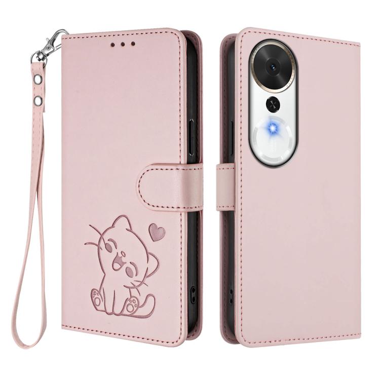 For Honor Play 70 Plus Embossed Heart Cat Leather Phone Case with Hand Strap