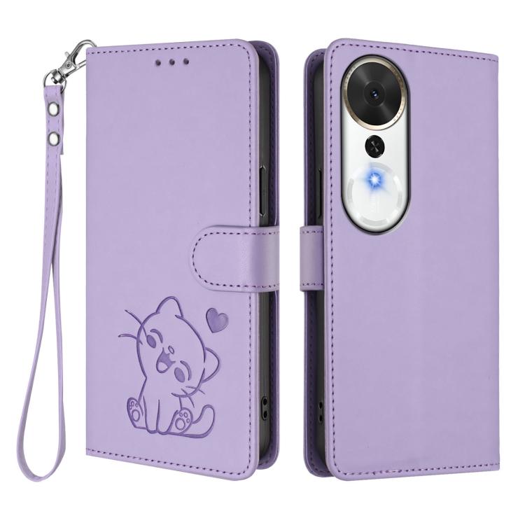For Honor Play 70 Plus Embossed Heart Cat Leather Phone Case with Hand Strap