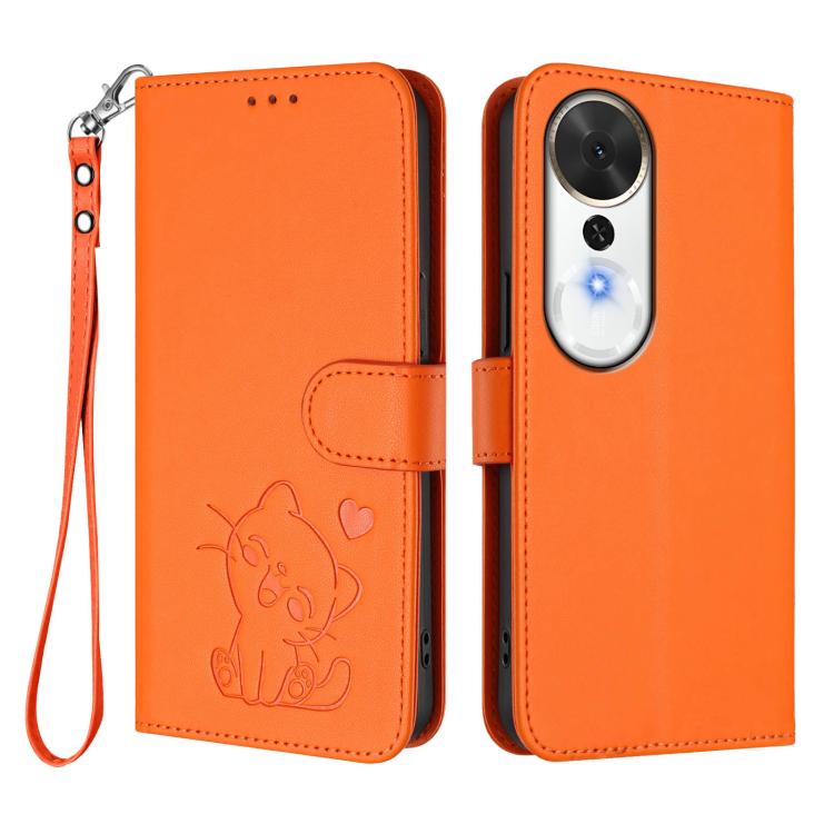 For Honor Play 70 Plus Embossed Heart Cat Leather Phone Case with Hand Strap