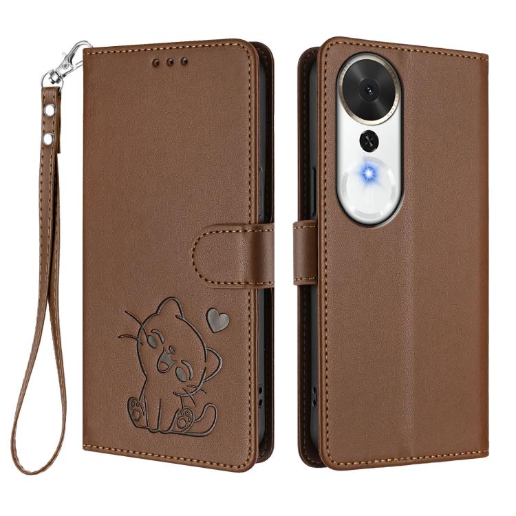 For Honor Play 70 Plus Embossed Heart Cat Leather Phone Case with Hand Strap