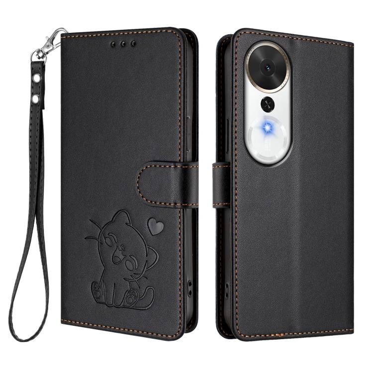 For Honor Play 70 Plus Embossed Heart Cat Leather Phone Case with Hand Strap