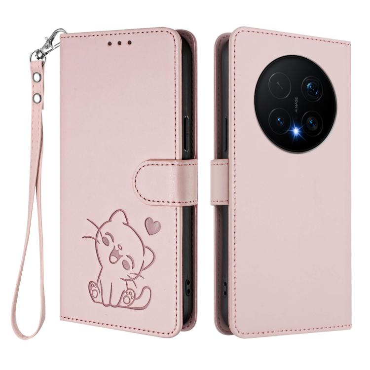 For Honor Magic8 Pro Embossed Heart Cat Leather Phone Case with Hand Strap
