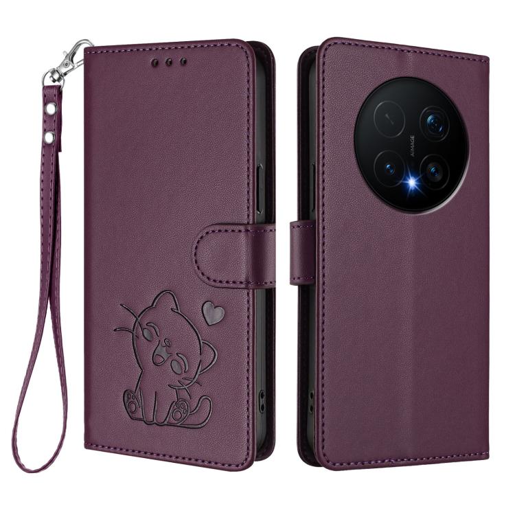 For Honor Magic8 Pro Embossed Heart Cat Leather Phone Case with Hand Strap