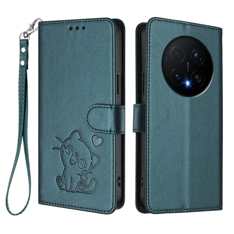 For Honor Magic8 Pro Embossed Heart Cat Leather Phone Case with Hand Strap