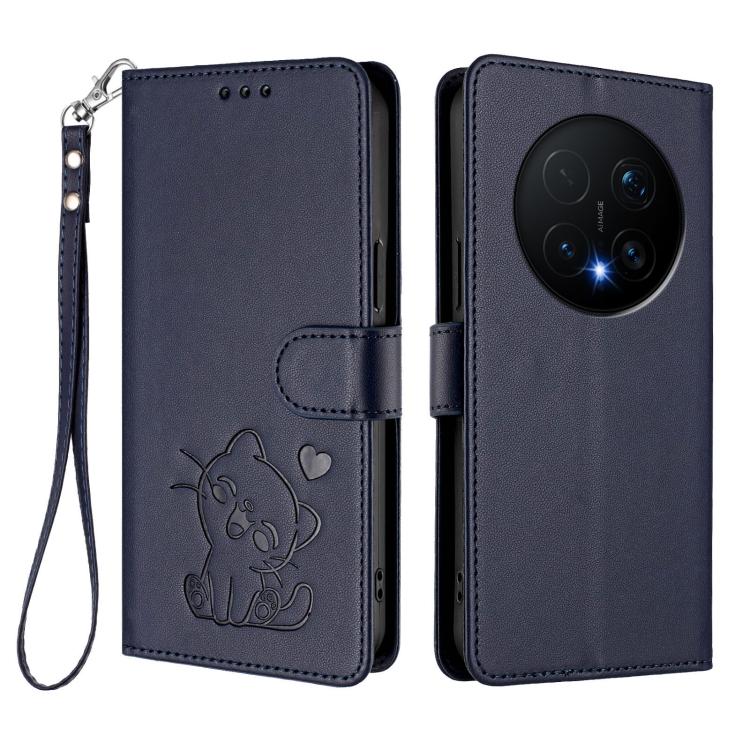 For Honor Magic8 Pro Embossed Heart Cat Leather Phone Case with Hand Strap