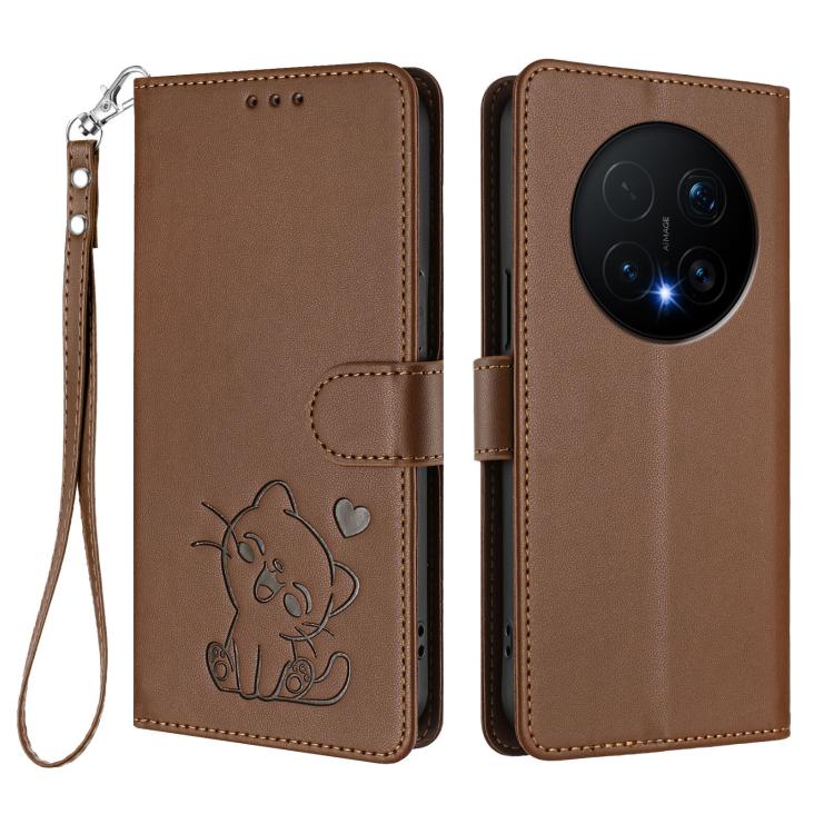 For Honor Magic8 Pro Embossed Heart Cat Leather Phone Case with Hand Strap