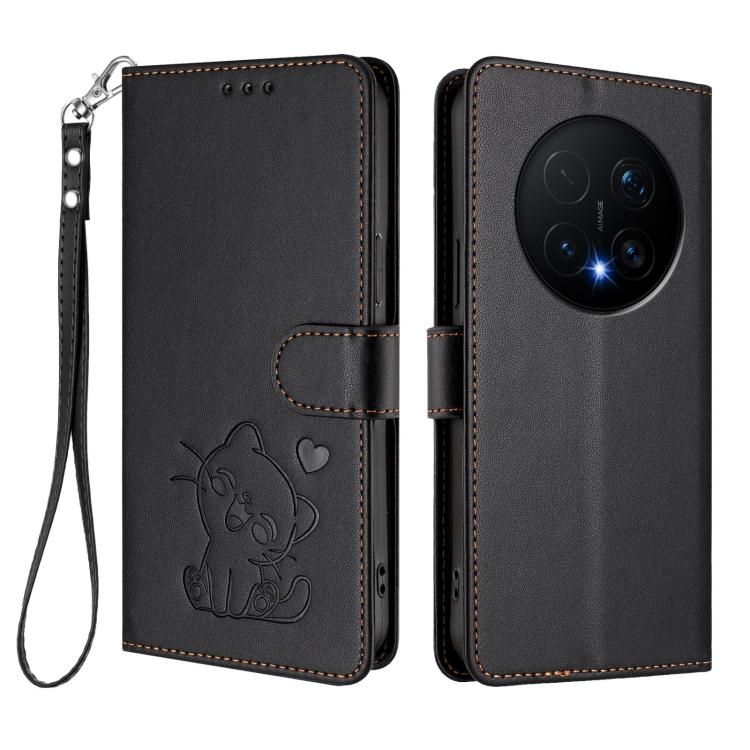 For Honor Magic8 Pro Embossed Heart Cat Leather Phone Case with Hand Strap