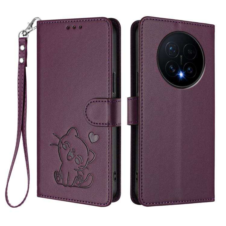 For Honor Magic8 Embossed Heart Cat Leather Phone Case with Hand Strap