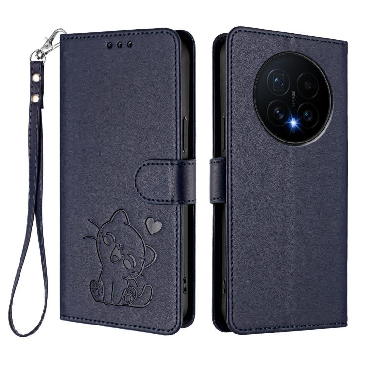 For Honor Magic8 Embossed Heart Cat Leather Phone Case with Hand Strap