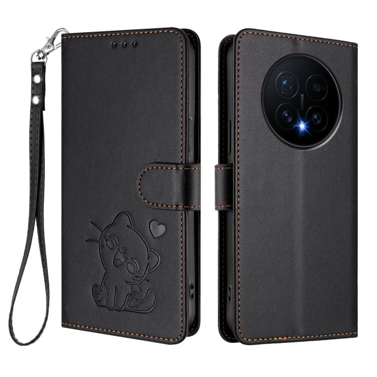 For Honor Magic8 Embossed Heart Cat Leather Phone Case with Hand Strap