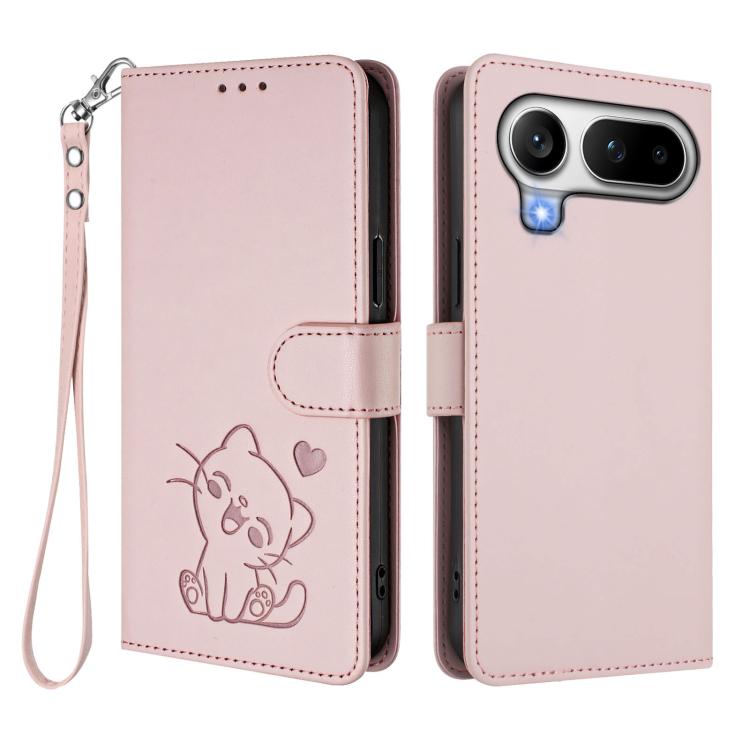 For Honor Magic8 Pro Air 5G Embossed Heart Cat Leather Phone Case with Hand Strap