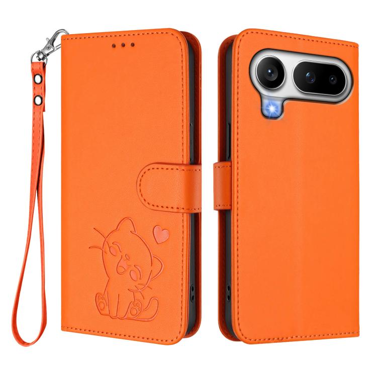 For Honor Magic8 Pro Air 5G Embossed Heart Cat Leather Phone Case with Hand Strap
