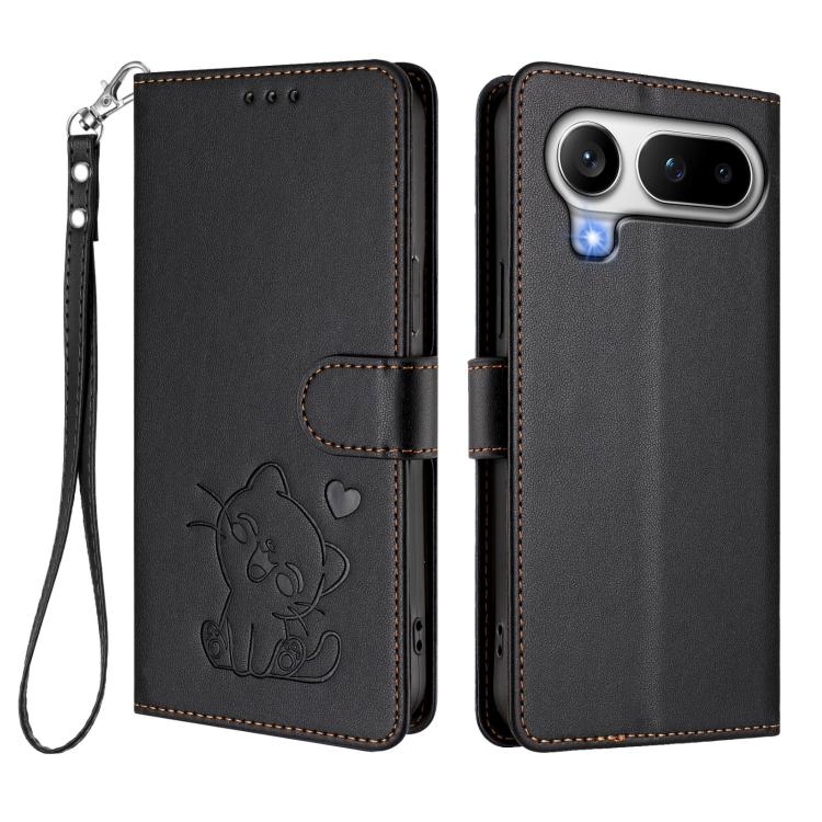 For Honor Magic8 Pro Air 5G Embossed Heart Cat Leather Phone Case with Hand Strap