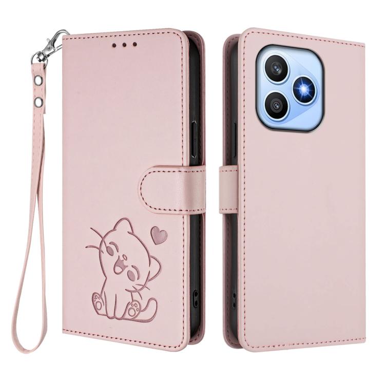 For Honor X8d 4G Embossed Heart Cat Leather Phone Case with Hand Strap