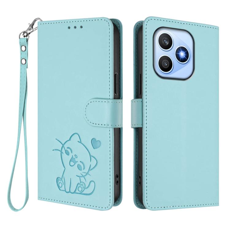 For Honor X8d 4G Embossed Heart Cat Leather Phone Case with Hand Strap