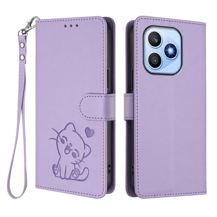For Honor X8d 4G Embossed Heart Cat Leather Phone Case with Hand Strap