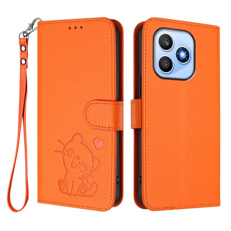 For Honor X8d 4G Embossed Heart Cat Leather Phone Case with Hand Strap