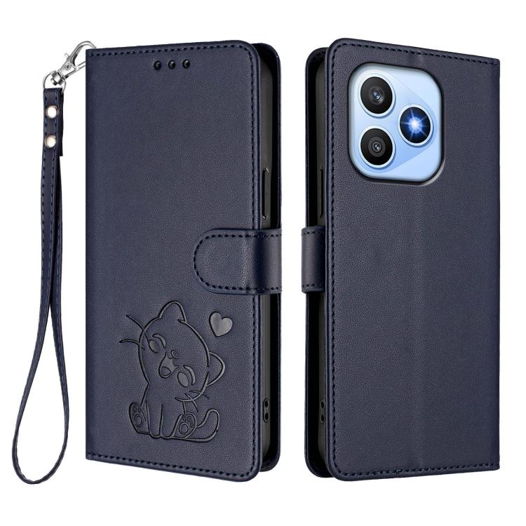 For Honor X8d 4G Embossed Heart Cat Leather Phone Case with Hand Strap