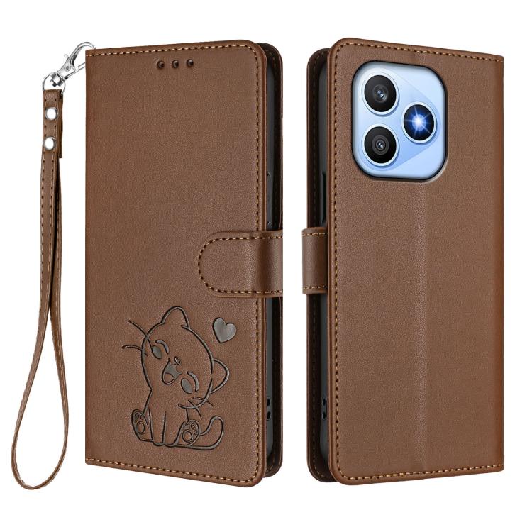 For Honor X8d 4G Embossed Heart Cat Leather Phone Case with Hand Strap