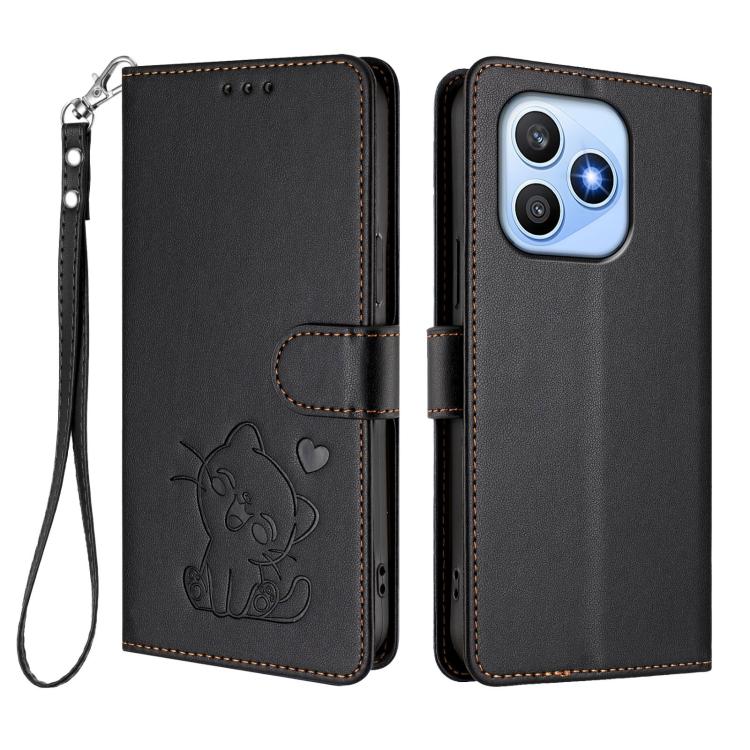For Honor X8d 4G Embossed Heart Cat Leather Phone Case with Hand Strap