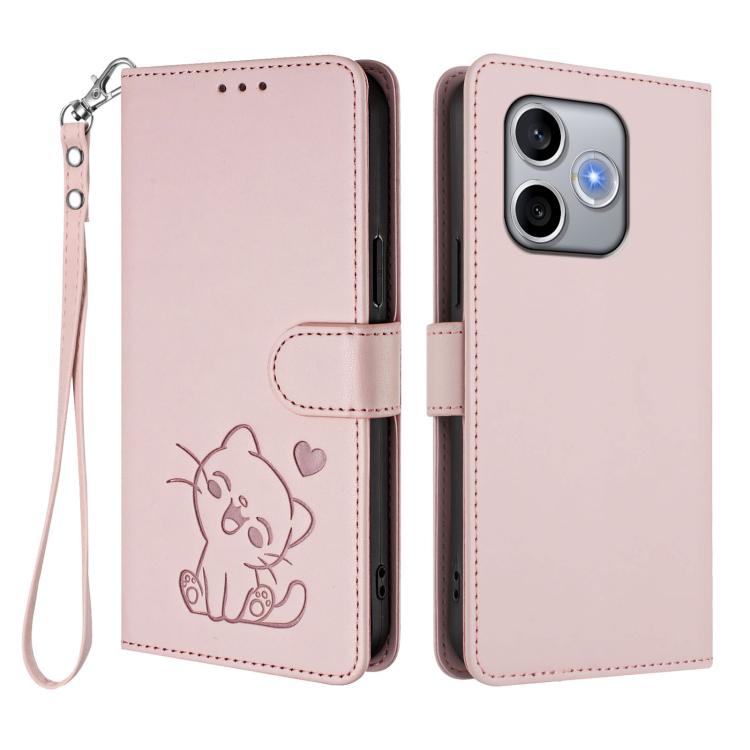 For Honor 600 Lite Global Embossed Heart Cat Leather Phone Case with Hand Strap