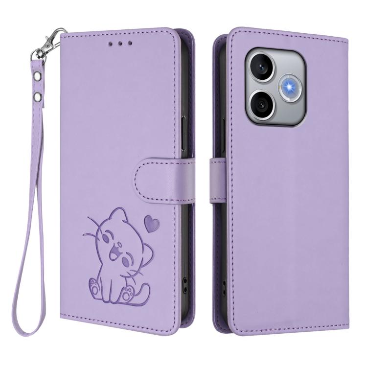 For Honor 600 Lite Global Embossed Heart Cat Leather Phone Case with Hand Strap