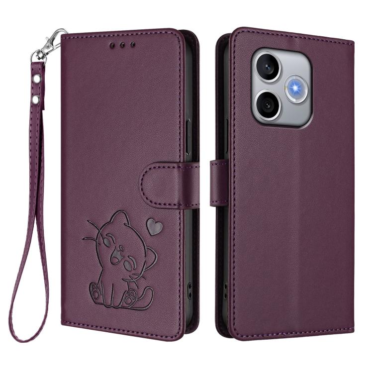 For Honor 600 Lite Global Embossed Heart Cat Leather Phone Case with Hand Strap