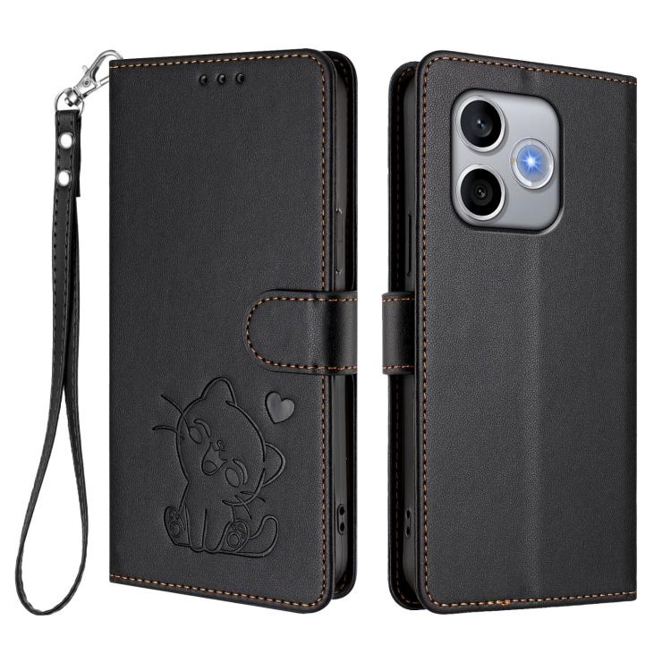 For Honor 600 Lite Global Embossed Heart Cat Leather Phone Case with Hand Strap