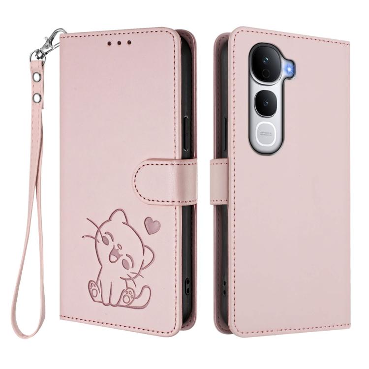 For vivo Y400 Pro 5G Embossed Heart Cat Leather Phone Case with Hand Strap