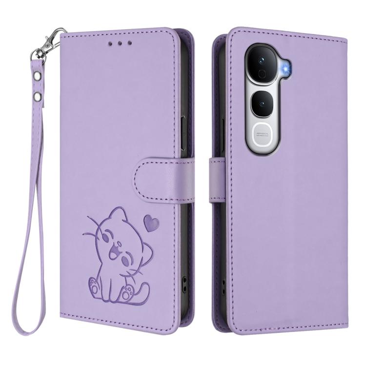 For vivo Y400 Pro 5G Embossed Heart Cat Leather Phone Case with Hand Strap
