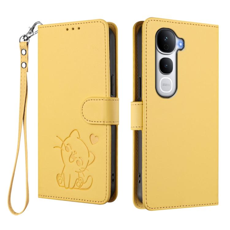 For vivo Y400 Pro 5G Embossed Heart Cat Leather Phone Case with Hand Strap
