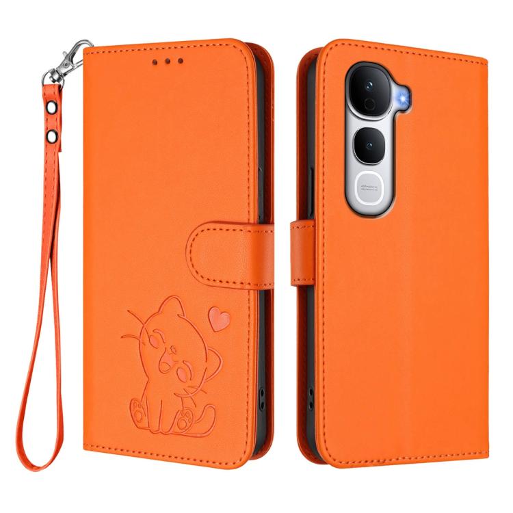 For vivo Y400 Pro 5G Embossed Heart Cat Leather Phone Case with Hand Strap