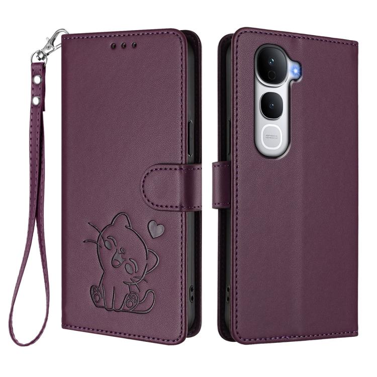 For vivo Y400 Pro 5G Embossed Heart Cat Leather Phone Case with Hand Strap