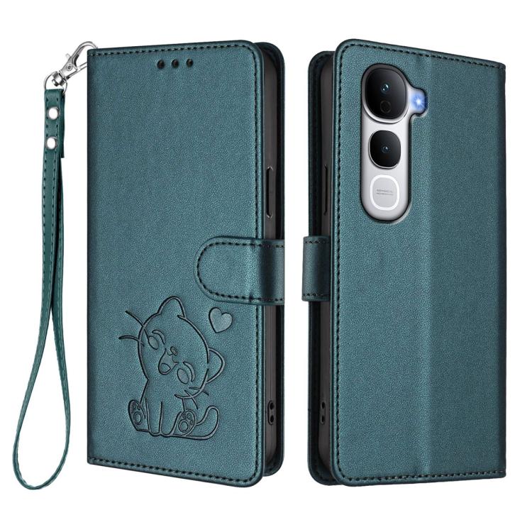 For vivo Y400 Pro 5G Embossed Heart Cat Leather Phone Case with Hand Strap