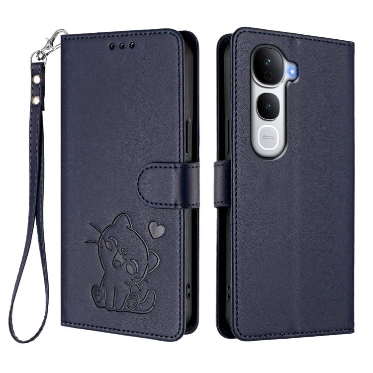 For vivo Y400 Pro 5G Embossed Heart Cat Leather Phone Case with Hand Strap