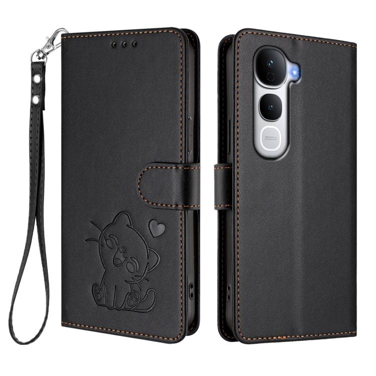 For vivo Y400 Pro 5G Embossed Heart Cat Leather Phone Case with Hand Strap
