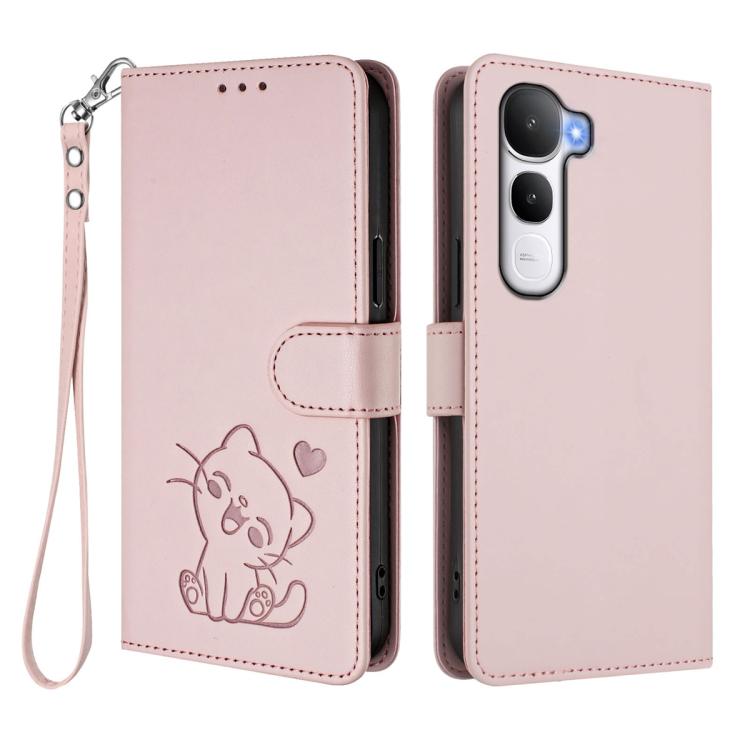 For vivo Y400 5G Embossed Heart Cat Leather Phone Case with Hand Strap