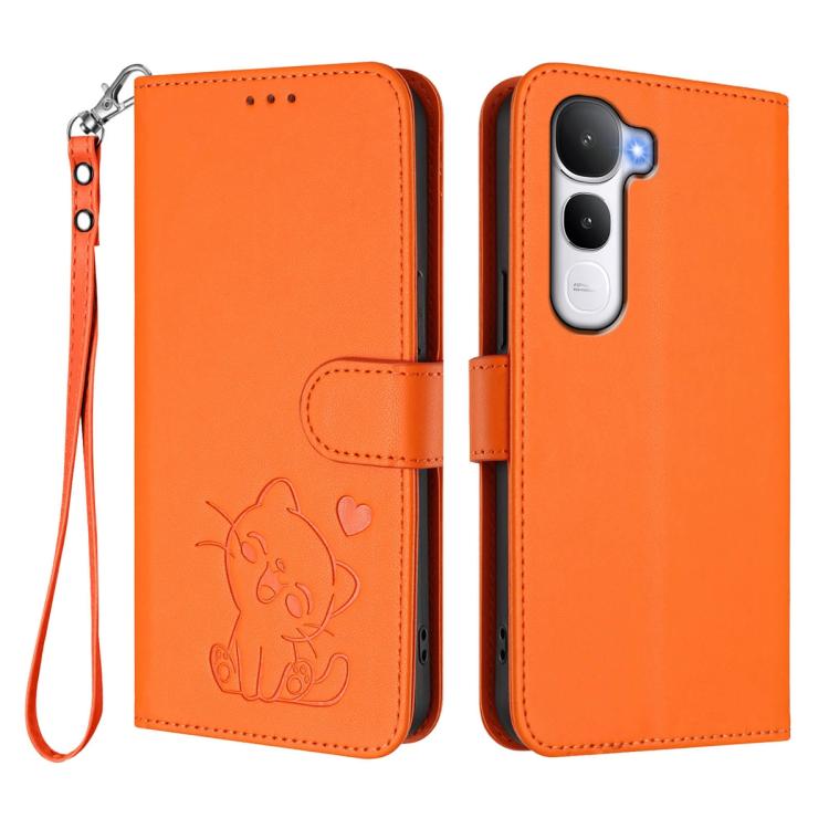 For vivo Y400 5G Embossed Heart Cat Leather Phone Case with Hand Strap