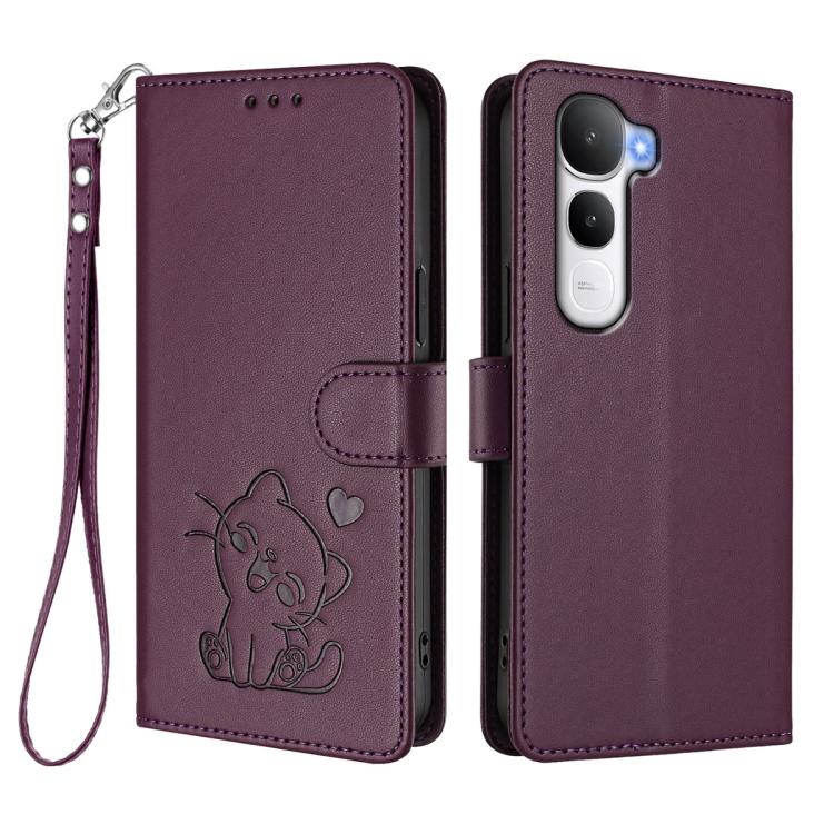 For vivo Y400 5G Embossed Heart Cat Leather Phone Case with Hand Strap