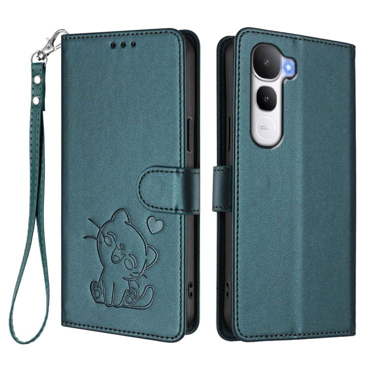 For vivo Y400 5G Embossed Heart Cat Leather Phone Case with Hand Strap