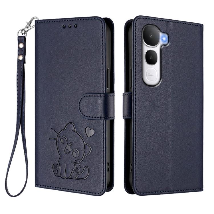 For vivo Y400 5G Embossed Heart Cat Leather Phone Case with Hand Strap