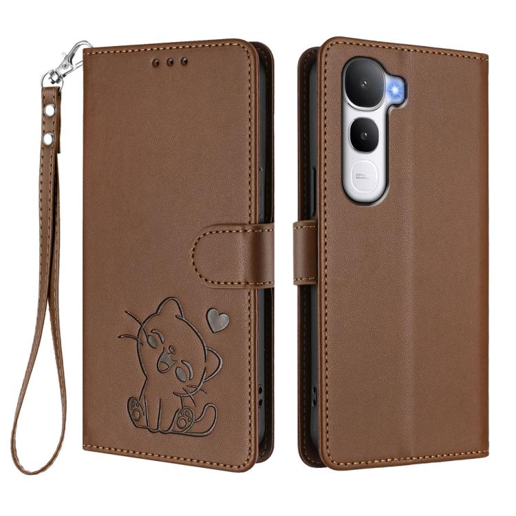 For vivo Y400 5G Embossed Heart Cat Leather Phone Case with Hand Strap